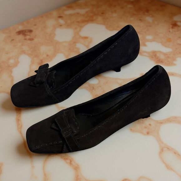 Vintage Prada Black Suede Kitten Heel Bow Detail Slip On Loafer Size 37 US 7 - Picture 6 of 13